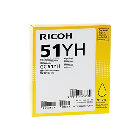 Gelbe Ricoh 51YH Druckpatronen-Verpackung mit Typbezeichnung und Barcodes auf weißem Hintergrund.