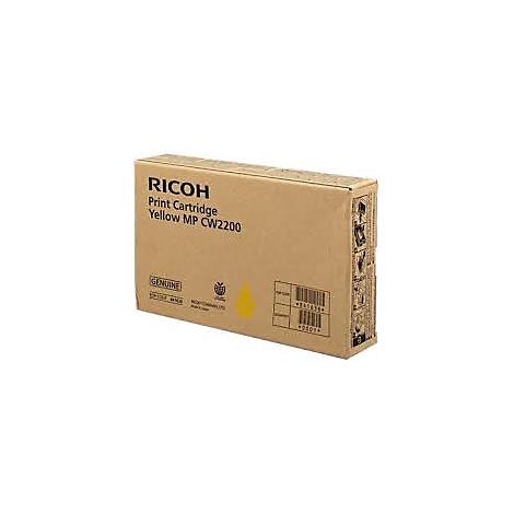 Braune Kartonverpackung mit gelbem Schriftzug "RICOH Print Cartridge Yellow MP CW2200" und einem gelben Tropfen.