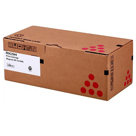 Brauner Karton mit roter Punkte-Grafik, Aufschrift 'RICOH Print Cartridge'.