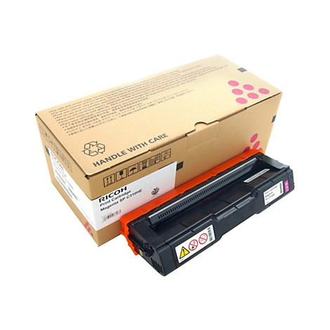 Schwarze Tintenpatrone neben einer Kartonverpackung mit Aufschrift. Orangefarbene Elemente heben das Produkt hervor.