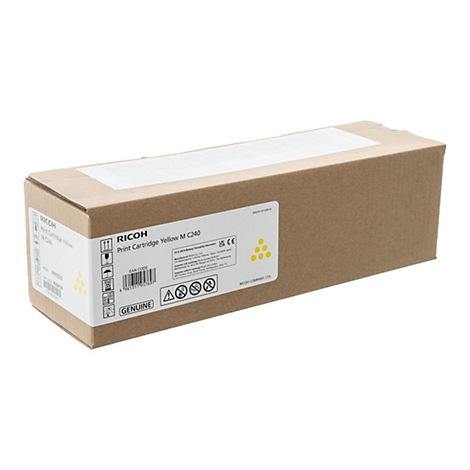 Brauner Pappkarton einer Ricoh Print Cartridge Yellow M C240 mit weißem Etikett und Produktinformationen.