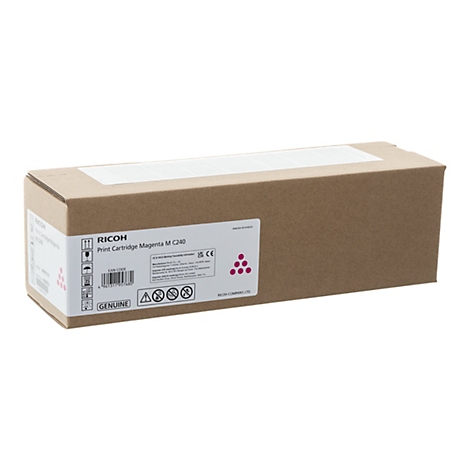 Brauner Pappkarton einer Ricoh Print Cartridge Magenta M C240 mit Produktetikett auf weißem Hintergrund.