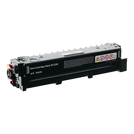 Schwarze Druckpatrone mit Aufdruck "Print Cartridge Black M C240" vor weißem Hintergrund. Achtungshinweise.