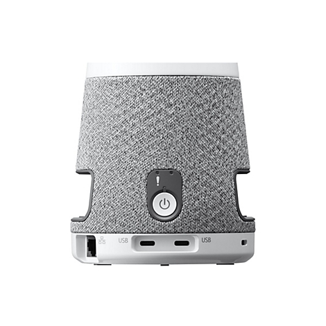 Enceinte sans fil, à motif gris et blanc, avec connecteurs et panneau de commande.