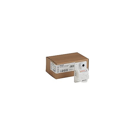 Eine braune Kartonverpackung mit einem weißen Tonermodul, mit Text und Symbolen versehen.