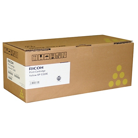 Brauner Karton einer RICOH-Druckerpatrone, gelb, SP C220E, mit Label und Symbolen.