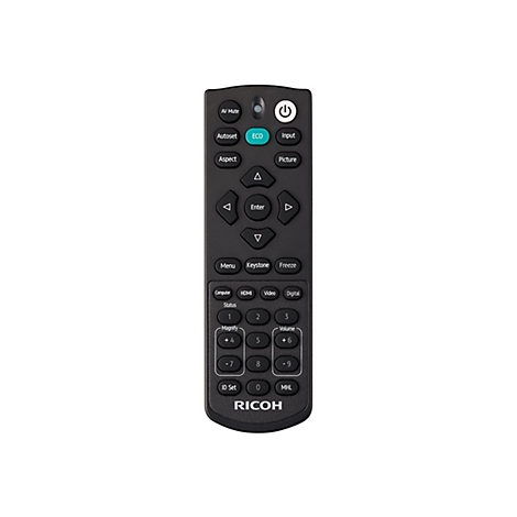 Eine schwarze Fernbedienung mit zahlreichen Knöpfen und Texten wie "AV Mute", "Autoset", "Input" und "RICOH".