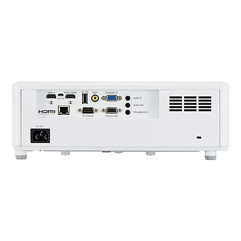 Rückseite eines weißen Projektors mit Anschlüssen für HDMI, Audio, Video und Stromanschluss.