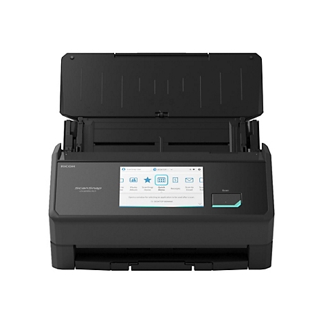 Un scanner ScanSnap noir avec le couvercle ouvert. L'écran affiche des options comme "Album photo", "Scanner les reçus" et "Scanner".