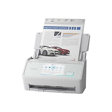 Scanner blanc avec du papier inséré. Le papier montre des diagrammes et des voitures.