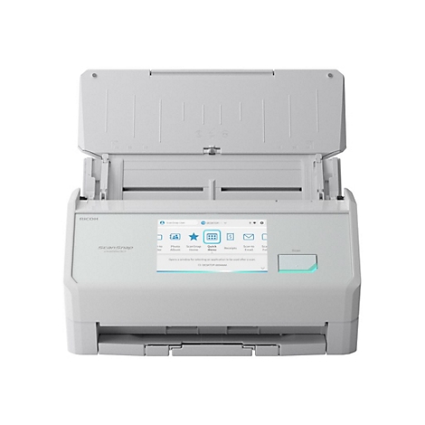 Un scanner blanc avec le couvercle ouvert. Les fonctions sont affichées sur un écran. L'appareil est photographié d'en haut.