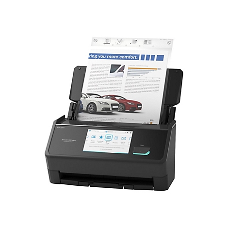 Ein schwarzer Scanner mit geöffnetem Deckel. Auf dem Scanbett liegen Dokumente. Auf dem Display werden Menüoptionen angezeigt.