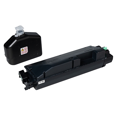 Zwei schwarze Tonerkartuschen, eine mit Ausgießer und Warnsymbolen, die andere länglich mit grünem Element und Aufkleber.