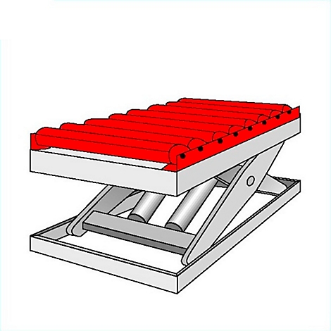 Red and white scissor lift with rollers. Mechanical structure with zig-zag frame and lifting cylinders.