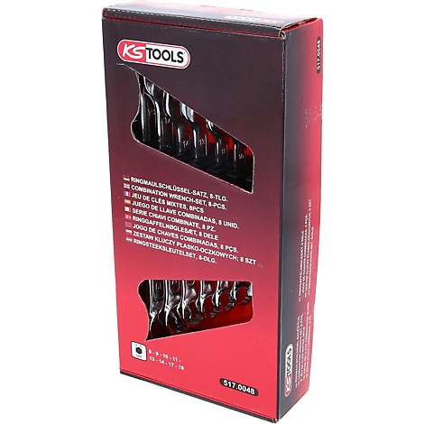 Eine KS Tools Box mit einem Satz Ringmaulschlüsseln. Die Box ist rot und zeigt eine Auswahl an Schlüsseln.