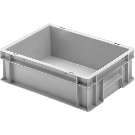 Boîte en plastique gris clair avec des poignées sur les côtés. Forme angulaire, vide, sur fond clair.