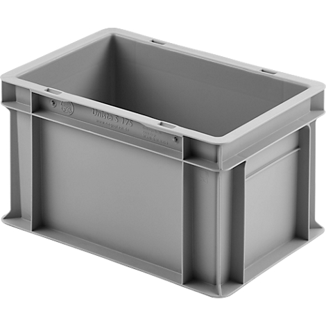 Bac en plastique gris, rectangulaire avec couvercle ouvert. Impression 'Omega 5 175'.