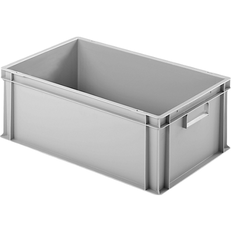 Bac en plastique gris de forme rectangulaire, avec des poignées et un couvercle ouvert.