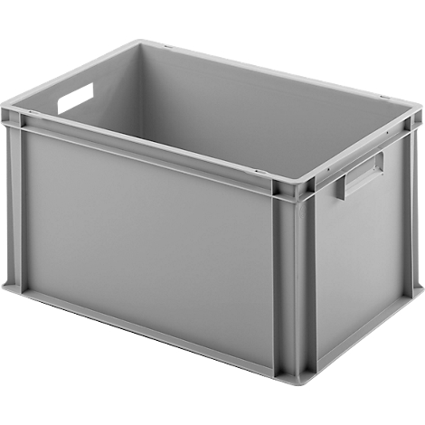 Grijze plastic bak met handgrepen aan de zijkanten, rechthoekig en leeg.