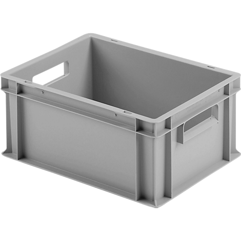 Grijze plastic doos met handgrepen, rechthoekig. Zicht in de binnenkant van de doos.