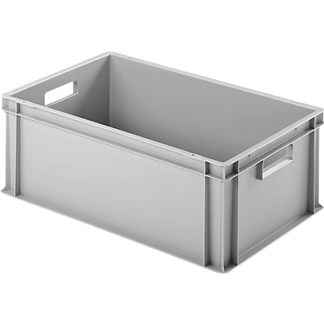 Grijze plastic doos met handvatten. De container is rechthoekig en leeg.