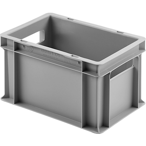 Grijze plastic box met handgreepopeningen. Opschrift: UNITEX 125.