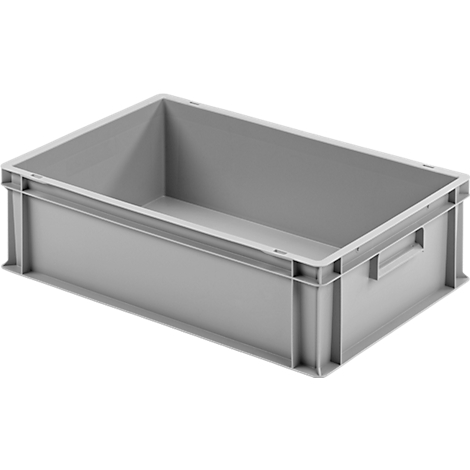 Graue Kunststoffbox mit Griffen und rechteckiger Form. Die Box ist leer und steht vor weissem Hintergrund.