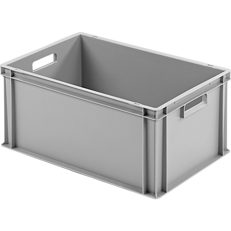 Graue Kunststoffbox mit Grifföffnungen, rechteckige Form.