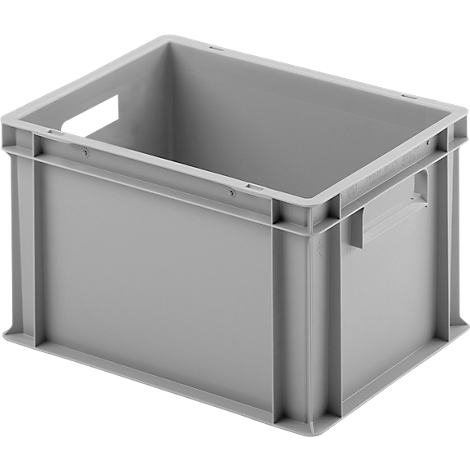 Graue Kunststoffbox mit rechteckiger Form und Grifföffnungen. Der Kasten steht schräg vor weissem Hintergrund.