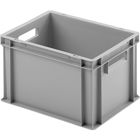 Gray rectangular box with handles on the sides and an open top. The box is made of plastic.