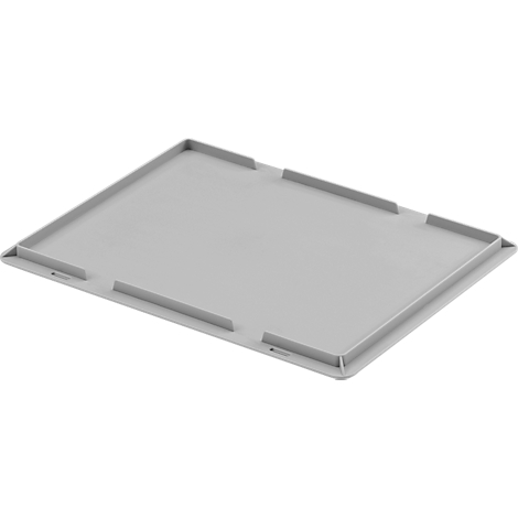 Gray lid for a container with raised edges and notches.