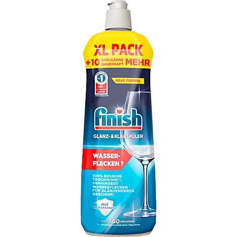 A bottle of Finish rinse aid with a yellow label and blue liquid. Text: "XL Pack", "Shine & Rinse Aid", "Water stains?" and "100% better drying".