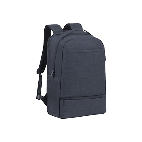 Dunkelblauer Rucksack, Frontansicht. Rechteckiges Design, zwei Schultergurte und ein Griff oben.