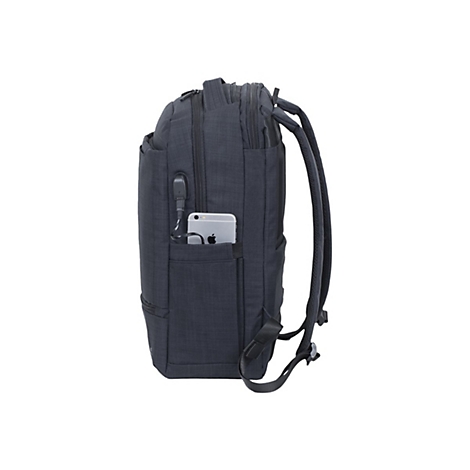 Dunkelblauer Rucksack, Seitenansicht. Eine helle Smartphone-Tasche ist sichtbar, Kabel und ein iPhone sind vorhanden.