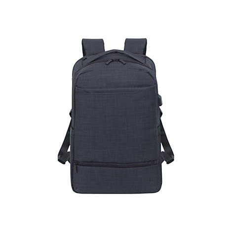 Dunkelblauer Rucksack mit mehreren FÃ¤chern und gepolsterten Schultergurten. Auf hellem Hintergrund.