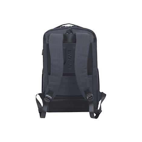 Dunkelgrauer Rucksack von hinten, gepolsterte TrÃ¤ger und RÃ¼cken. Auf dem RÃ¼cken steht RivaCase.