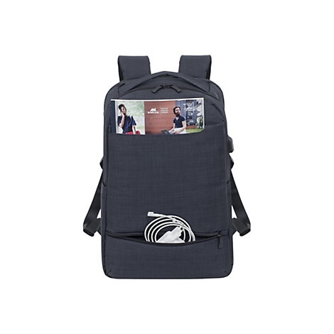 Dunkelblauer Rucksack mit Laptopfach. In einer Fronttasche liegen Kabel und eine BroschÃ¼re.
