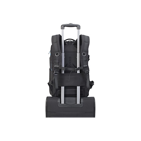 Schwarzer Rucksack auf einem Trolley, RÃ¼ckansicht, Details der TrÃ¤ger und des Griffs.