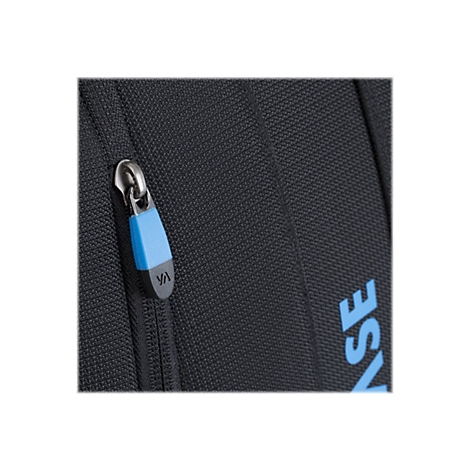 Nahaufnahme eines schwarzen Stoffes mit einem silbernen ReiÃŸverschluss und einem blauen Ziehgriff.