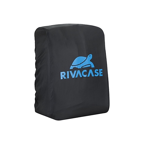 Schwarze RucksackhÃ¼lle mit blauem SchildkrÃ¶tenlogo und Schriftzug RIVACASE.