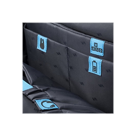 Schwarzes Innenfutter einer Tasche mit blauen Etiketten und Symbolen: W, A, S, D, Akku, G.