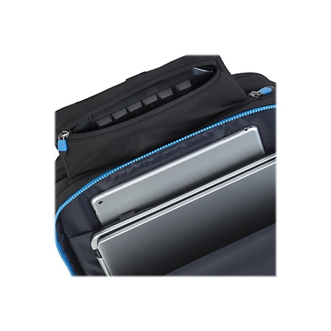 Schwarze Tasche, blau eingefasst, mit ReiÃŸverschluss. Zwei Tablets in der Tasche.