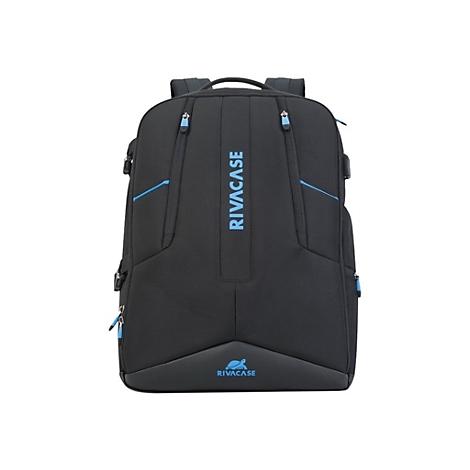 Schwarzer Rucksack mit blauem Reisverschluss. Aufgedruckter, blauer Schriftzug: RIVACASE.