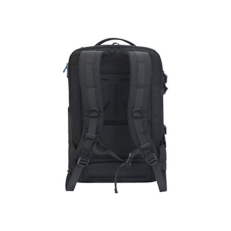 Schwarzer Rucksack von hinten. Schultergurte, Tragegriff oben. Auf der RÃ¼ckseite steht SWISSCASE.