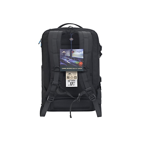 Schwarzer Rucksack, RÃ¼ckseite mit Schultergurten und Etikett: Laptop-Rucksack fÃ¼r 17-Zoll-Laptop.