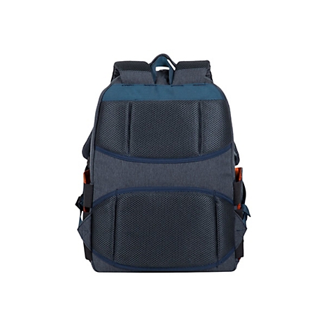 Dunkelblauer Rucksack, RÃ¼ckseite, Netzgewebe, TrÃ¤ger, orangefarbene Elemente.