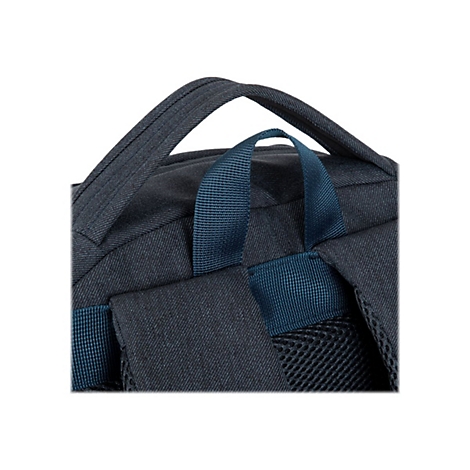 Nahaufnahme des oberen Teils eines Rucksacks. Der Griff und die Riemen sind blau, der Rucksack ist dunkelgrau.
