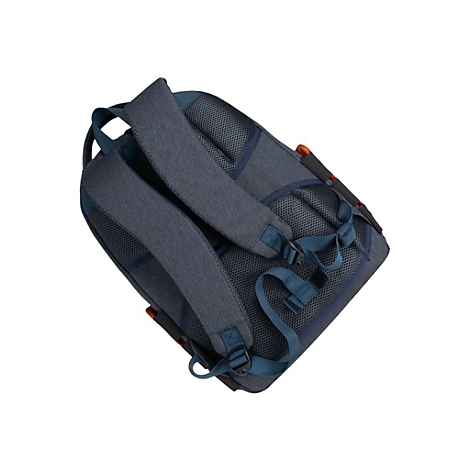 Rucksack-RÃ¼ckseite: gepolsterte Schultergurte, atmungsaktives RÃ¼ckenpolster, blaue Schnallen. Grauer, melierter Stoff, leichte Neigung.