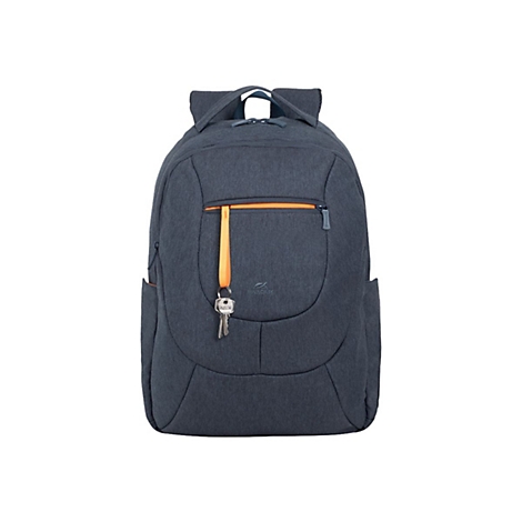 Dunkelblauer Rucksack mit orangefarbenem ReiÃŸverschluss und SchlÃ¼sselanhÃ¤nger. Das Design ist schlicht und funktional.