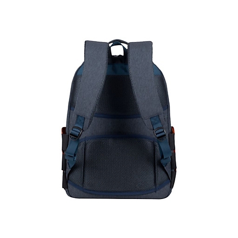 Blauer Rucksack von hinten, mit gepolsterten Schultergurten und NetzrÃ¼cken.